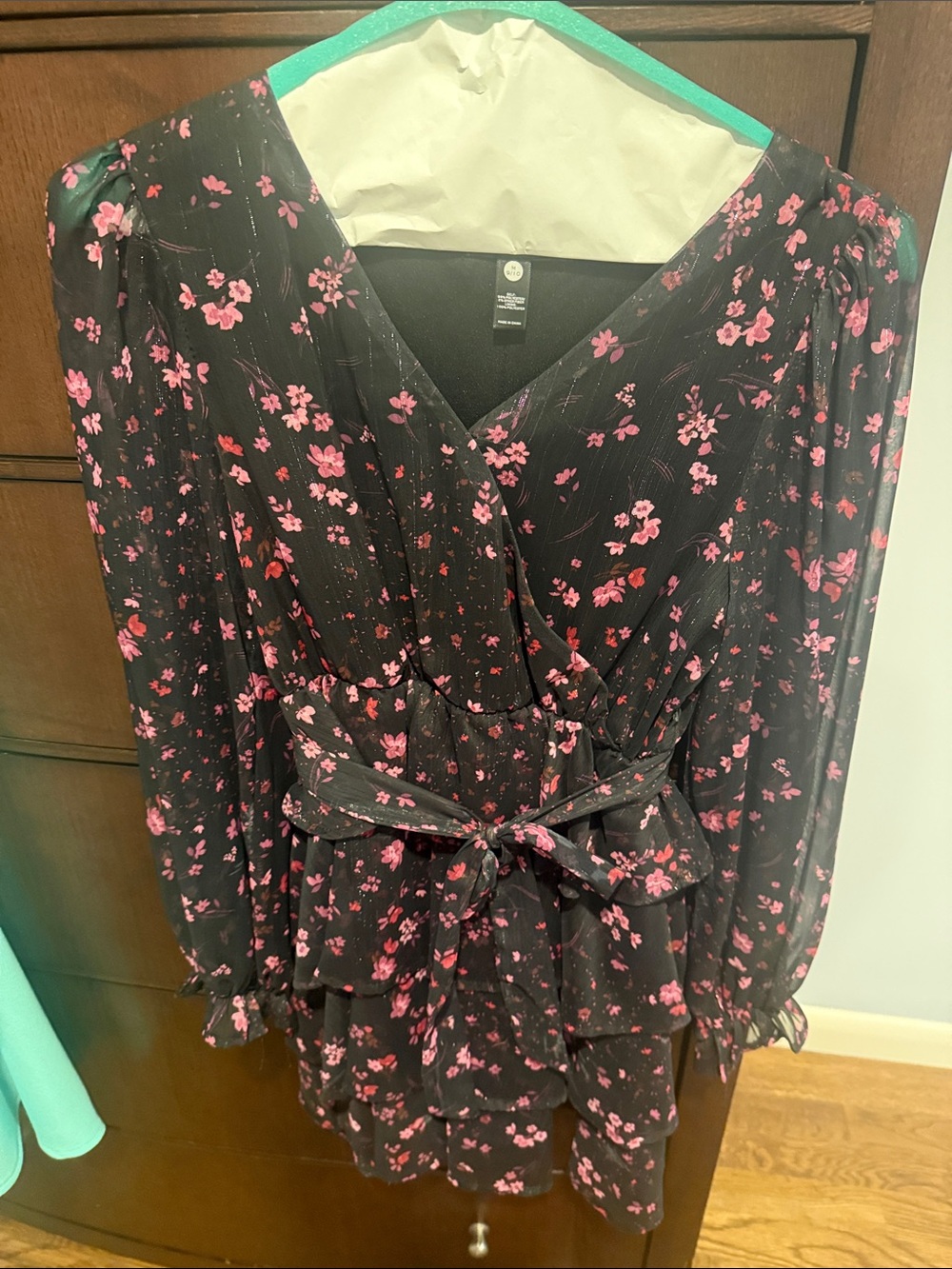 Aqua Black V-Neck Tiered Tunic with Pink Floral Print